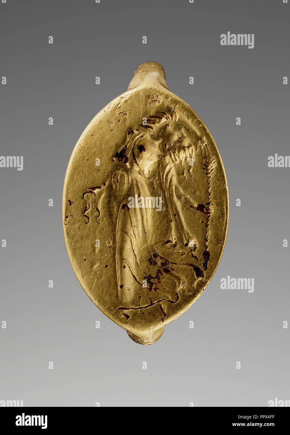 Dancing Maenad; 400–350 B.C; Gold; 1.9 × 1.3 cm, 3,4 × 1,2 in Stock Photo