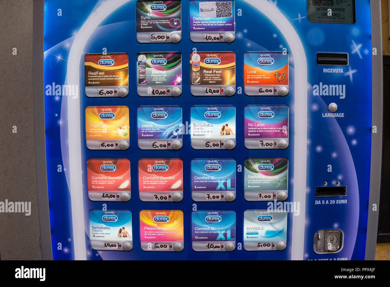 A vending machine selling variety of durex condoms, Pisa, Tuscany, Italy Stock Photo