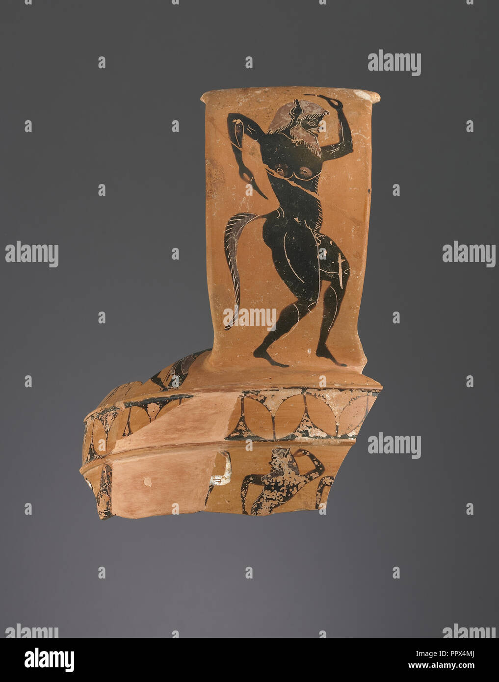 Attic Black-Figure Nikosthenic Amphora Fragment; Painter N, Thiasos Group; Athens, Greece; about 550 - 540 B.C; Terracotta Stock Photo