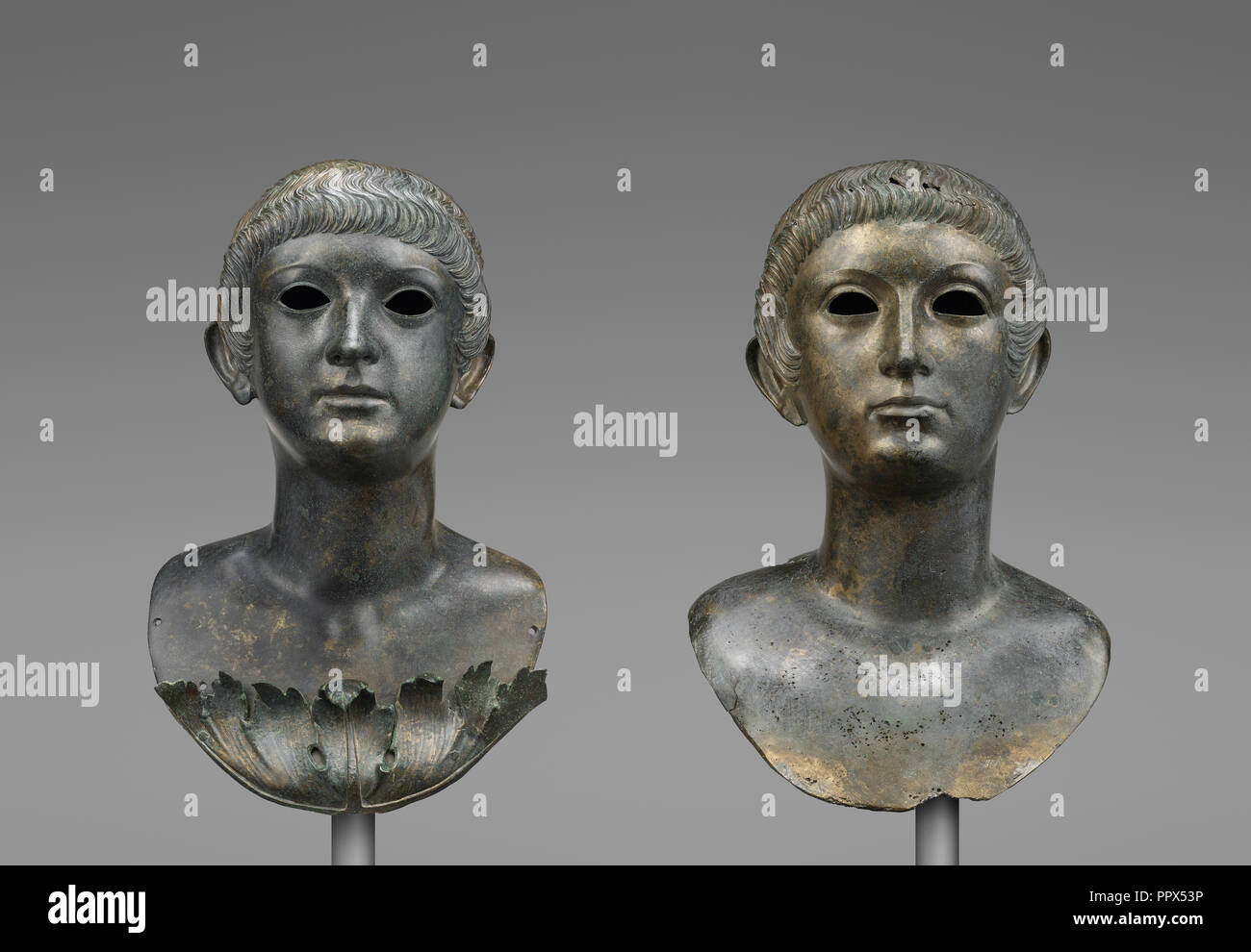 Portrait Busts of Two Youths; Roman Empire; 60 - 70; Bronze and marble Stock Photo