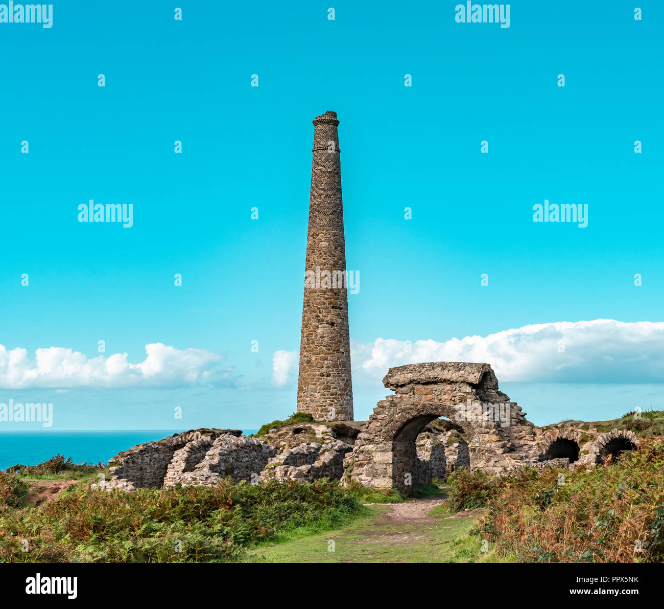 Botallack Tin mines in Cornwall Uk England. . Old tin mine ruins an industry from the past on the cornish coastal path at Old Wheal, also Poldark film Stock Photo