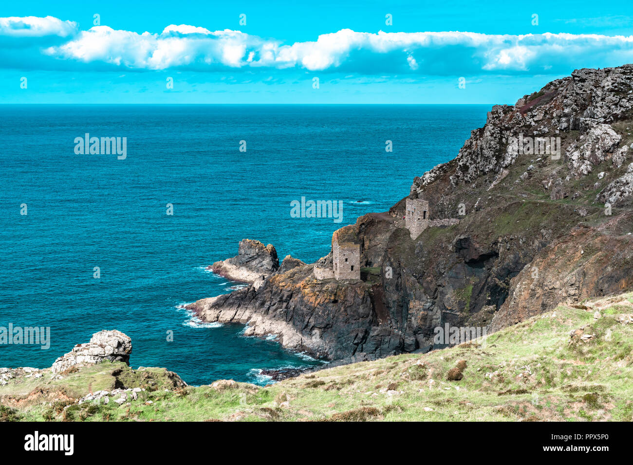 Botallack Tin mines in Cornwall Uk England. . Old tin mine ruins an industry from the past on the cornish coastal path at Old Wheal, also Poldark film Stock Photo