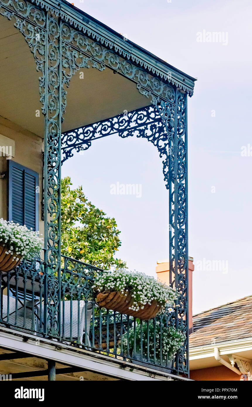 A wrought iron balcony is pictured in the French Quarter in New Orleans, Louisiana. (Photo by Carmen K. Sisson/Cloudybright) Stock Photo