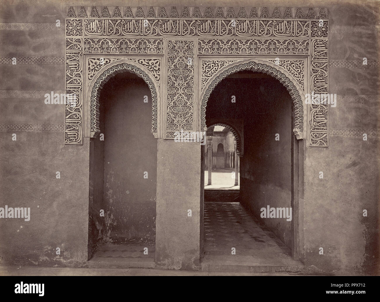 Puerta de entrada al patio de los leones, Alhambra, Granada; Juan Laurent, French, 1816 - 1892, Granada, Spain; 1875; Albumen Stock Photo