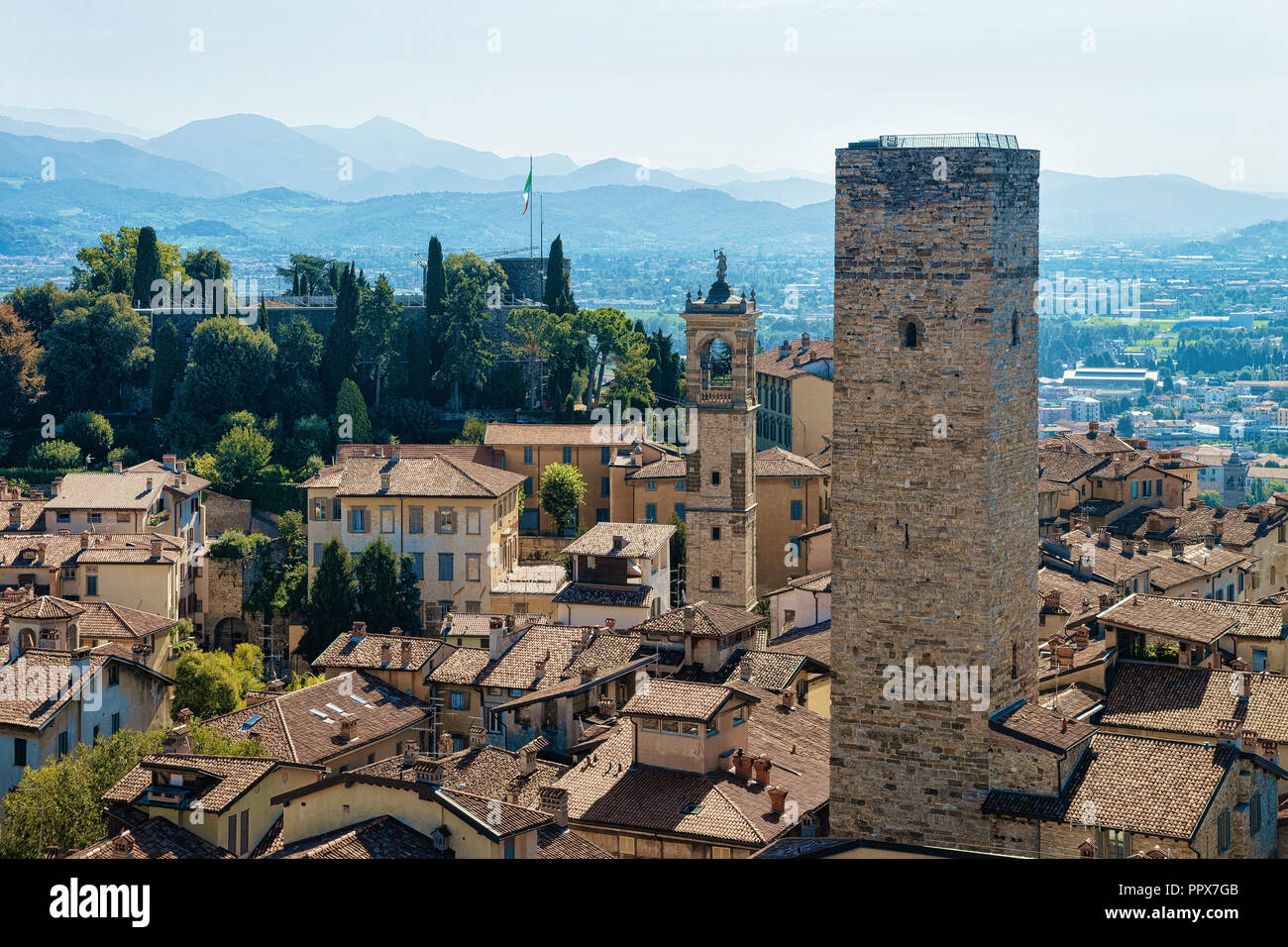Cityscape and Torre di Gombito Tower in Citta Alta in Bergamo in Lombardy in Italy. This Old town is called Upper City. Stock Photo