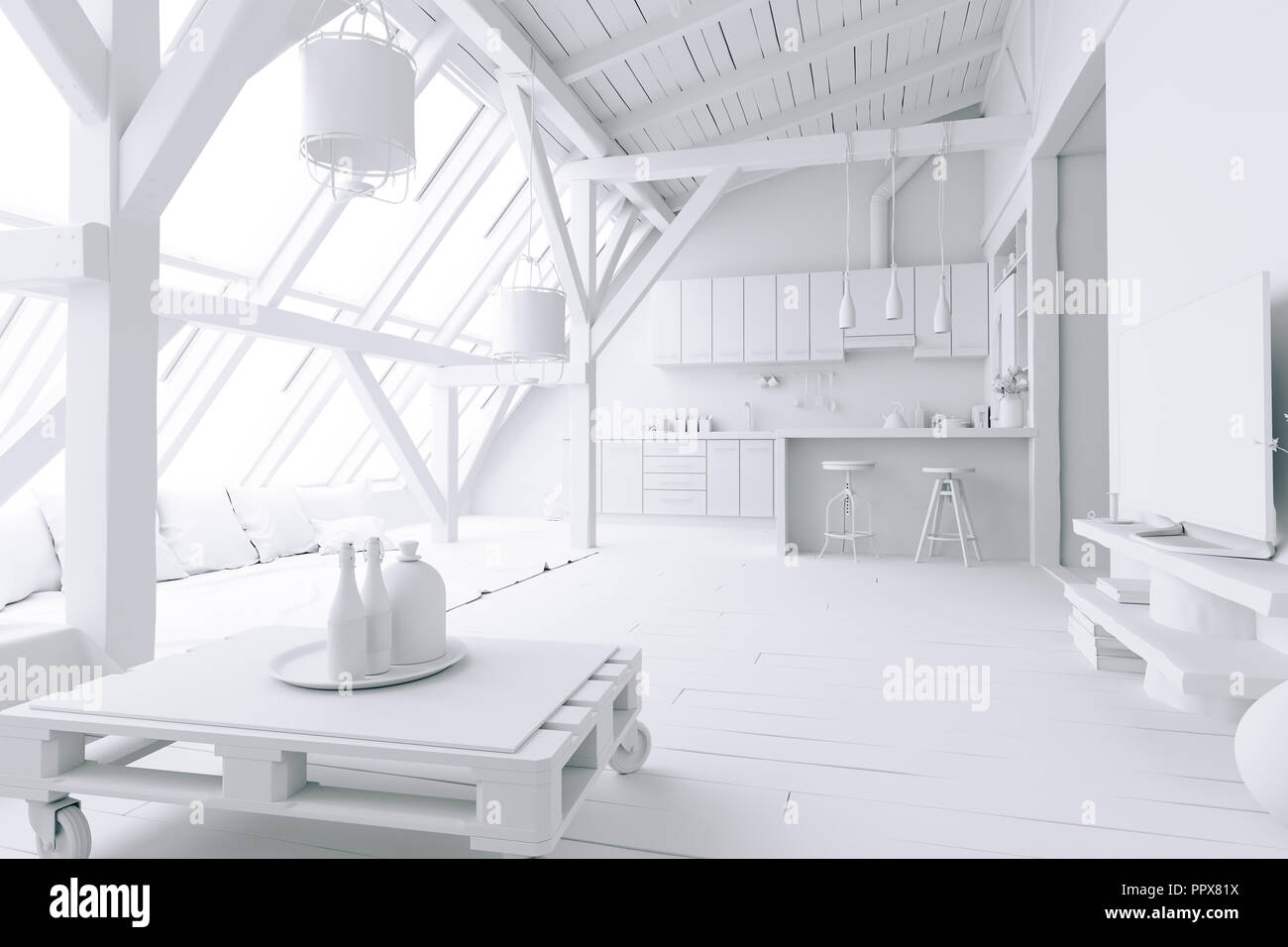 3d home interior, white render Stock Photo - Alamy