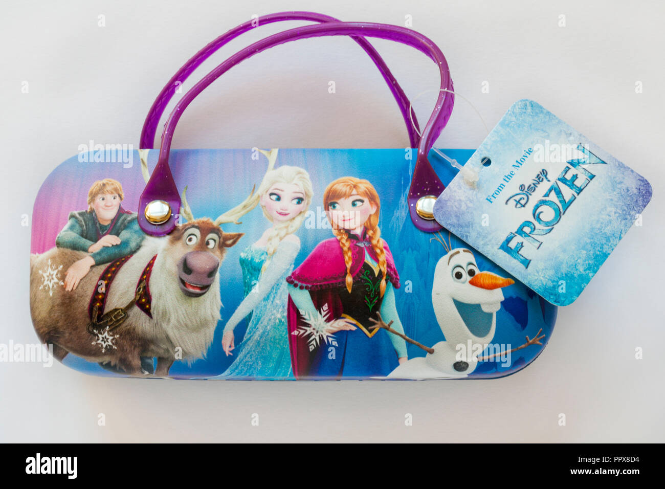 Sunglasses case with characters on from the movie Disney Frozen - Anna, Elsa, Olaf  isolated on white background Stock Photo