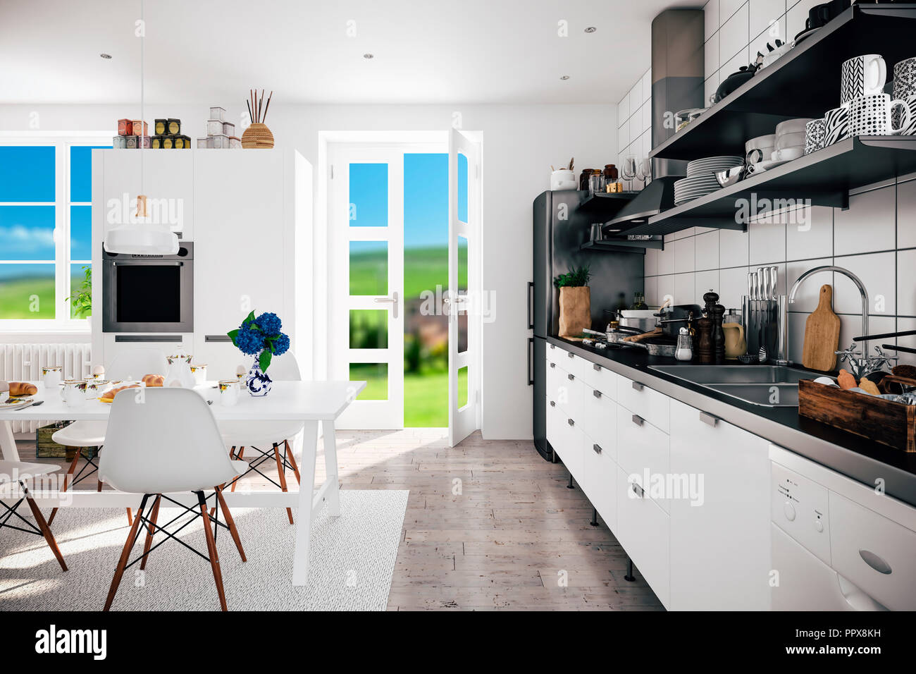 3d Render Of Beautiful Scandinavian Kitchen Design Stock Photo Alamy