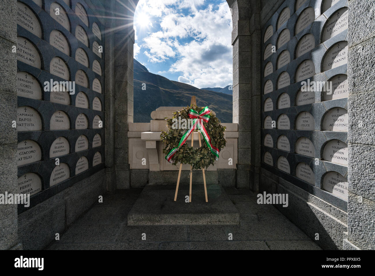 A memorial on the Bormio side of Stelvio Pass, Italy, Europe, EU Stock Photo