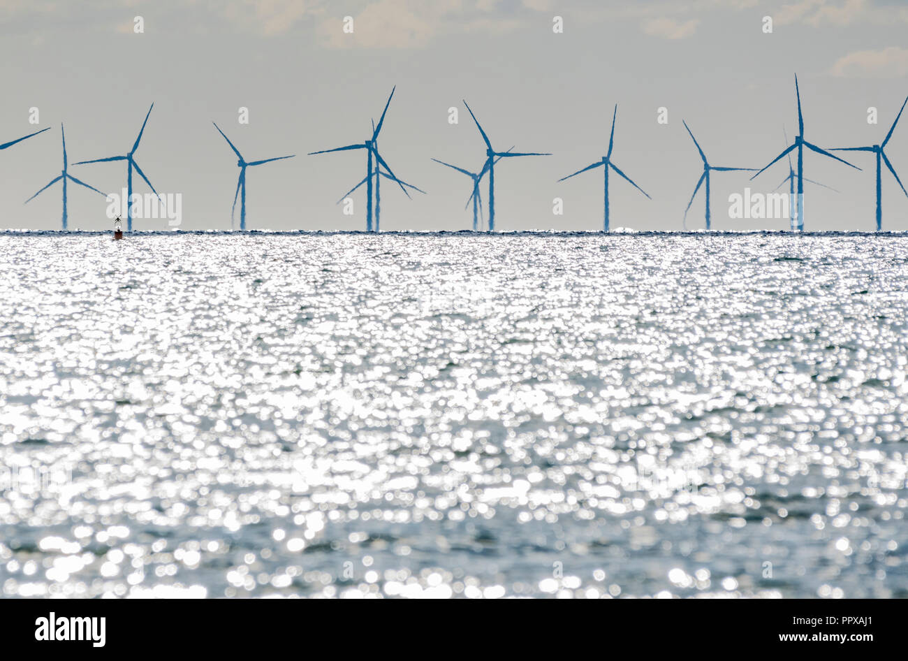 Rampion Offshore Wind Farm turbines in the sea off the South Coast of England, UK. Renewable green energy. Global warming. Eco friendly energy. Stock Photo