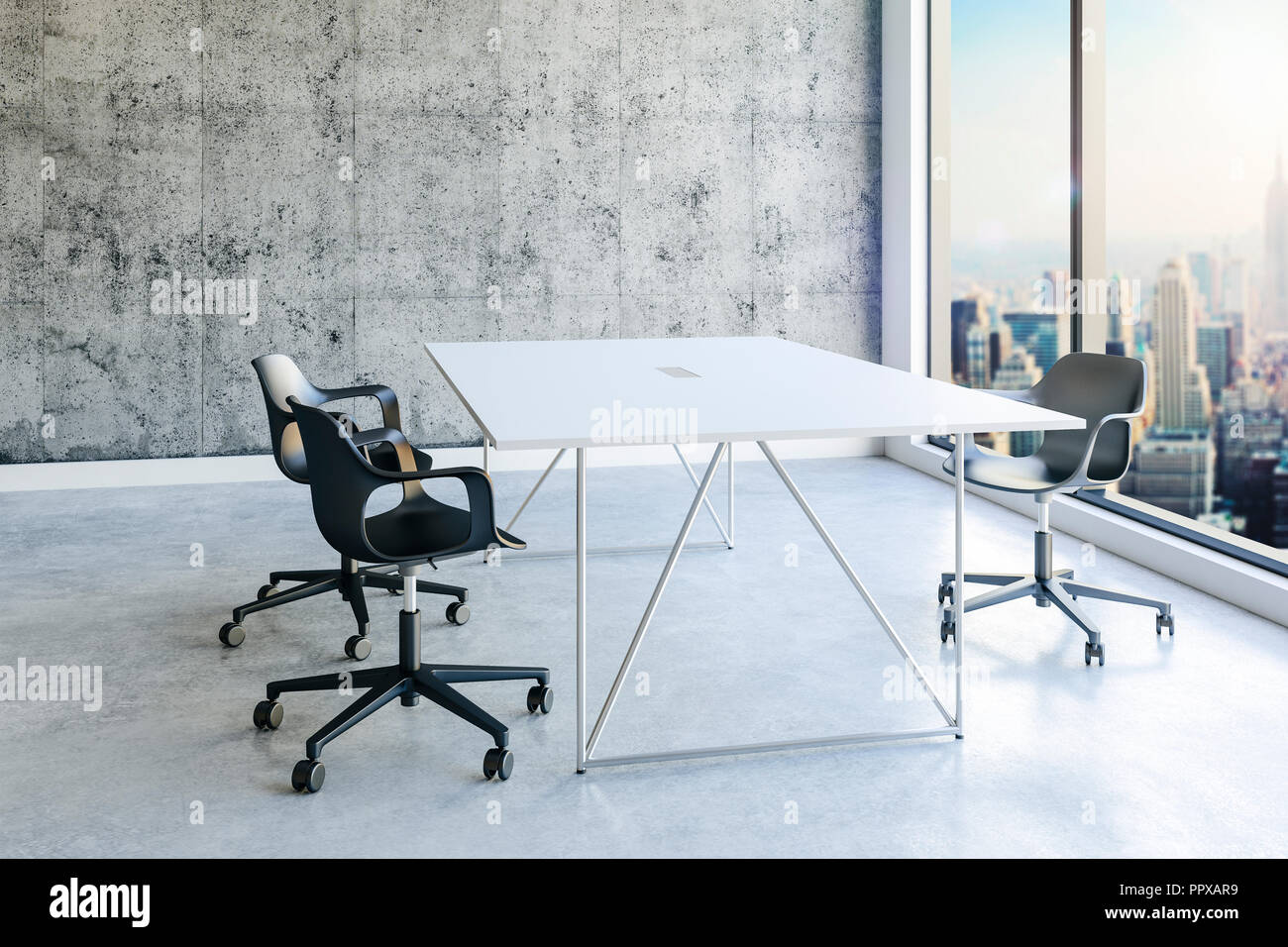 3d office interior with big windows and view Stock Photo