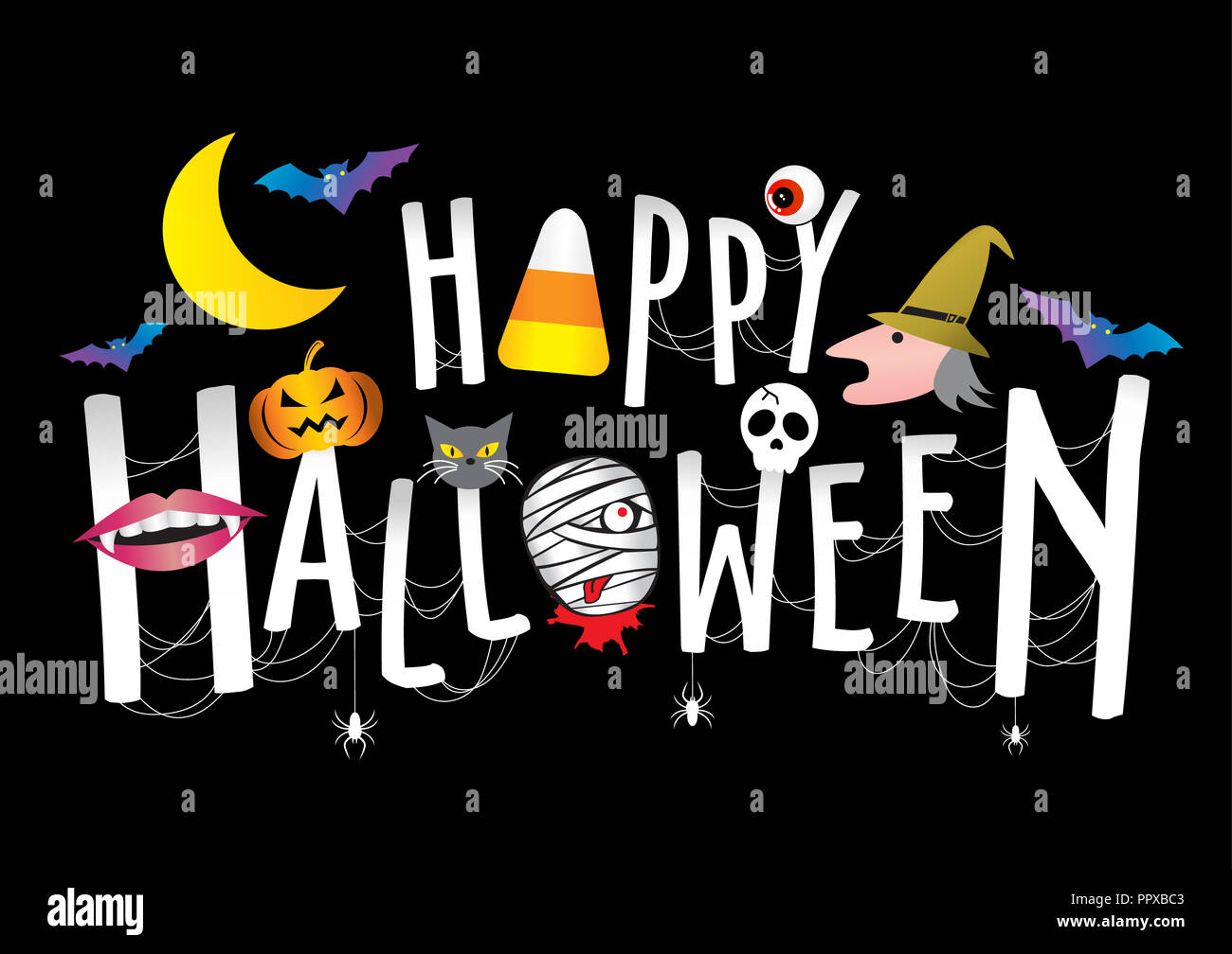 Happy Halloween cute vector. Pumpkin head, bat, mummy, skull, witch, cat, spider, vampire, moon, candy corn on Happy Halloween text banner. Stock Photo