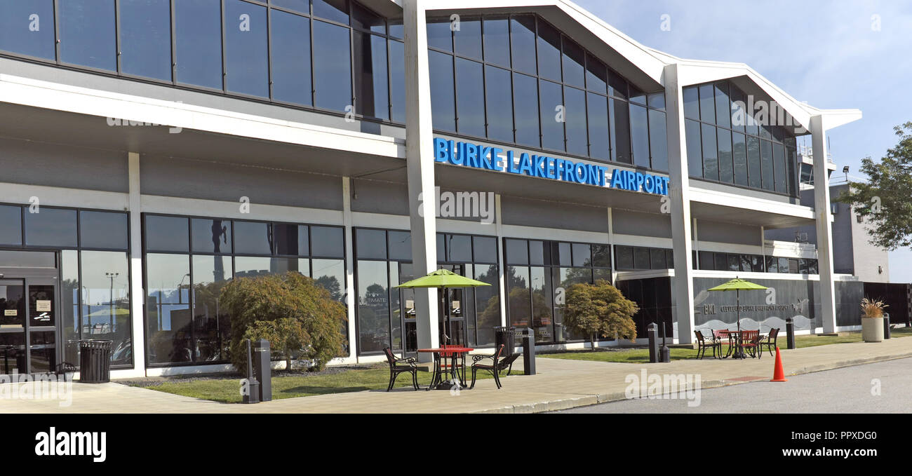 Burke Lakefront Airport (BKL) in downtown Cleveland, Ohio, USA, the first US downtown airport and first municipally owned and operated airport. Stock Photo