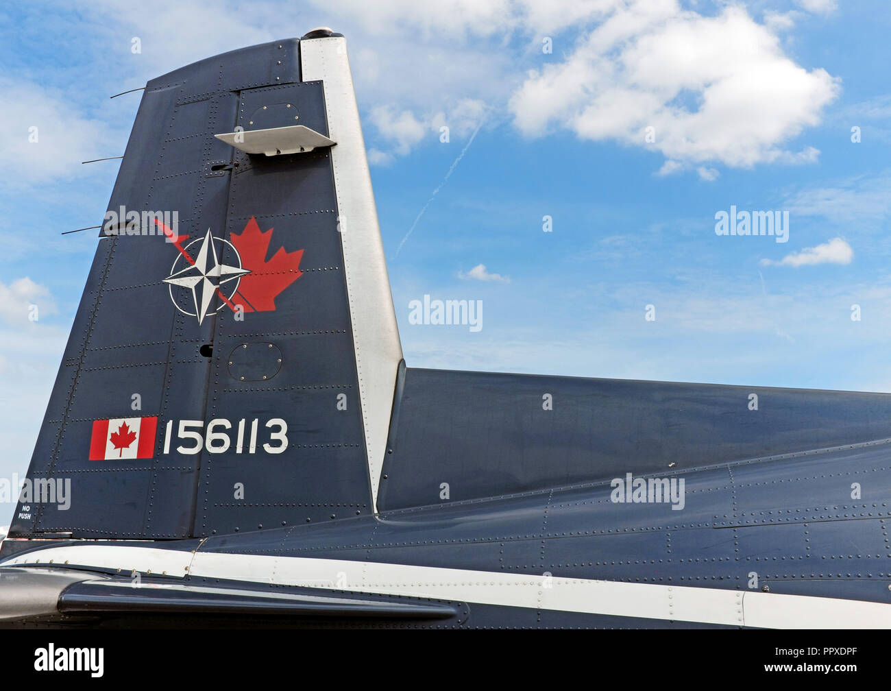 Royal Canadian Airforce fixed wing single engine turbo-prop plane by Raytheon on display at the 2018 Cleveland Air Show in Cleveland, Ohio, USA. Stock Photo
