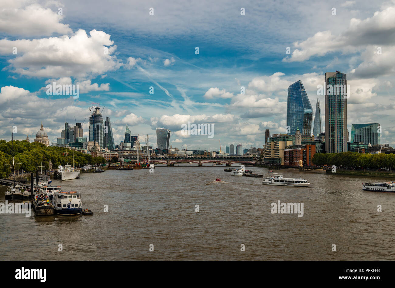 London / UK - September 15, 2018: View of the east London skyline from Waterloo bridge. Stock Photo