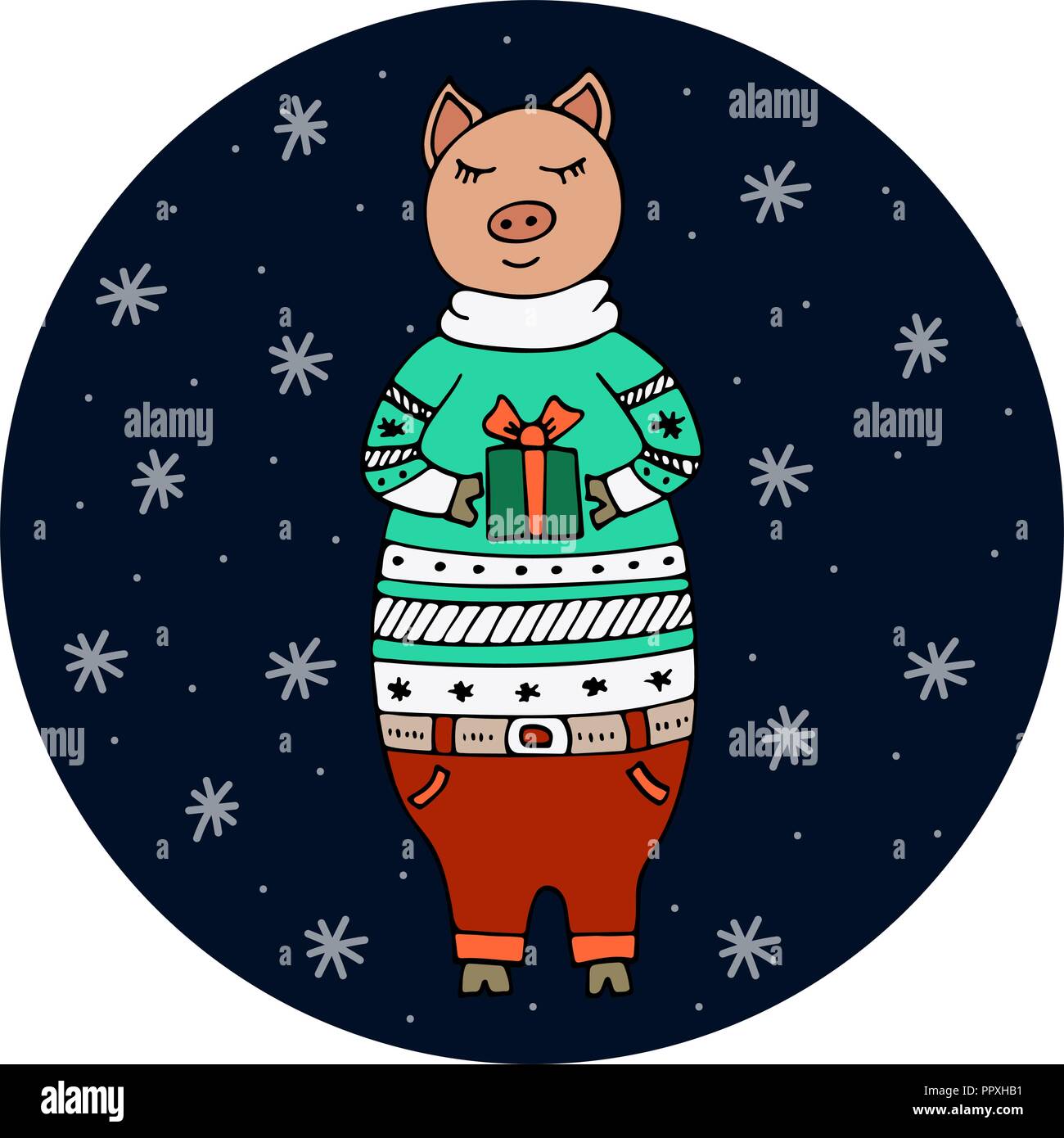 Vector hand drawn illustration with a pig in a Christmas sweater with a t in