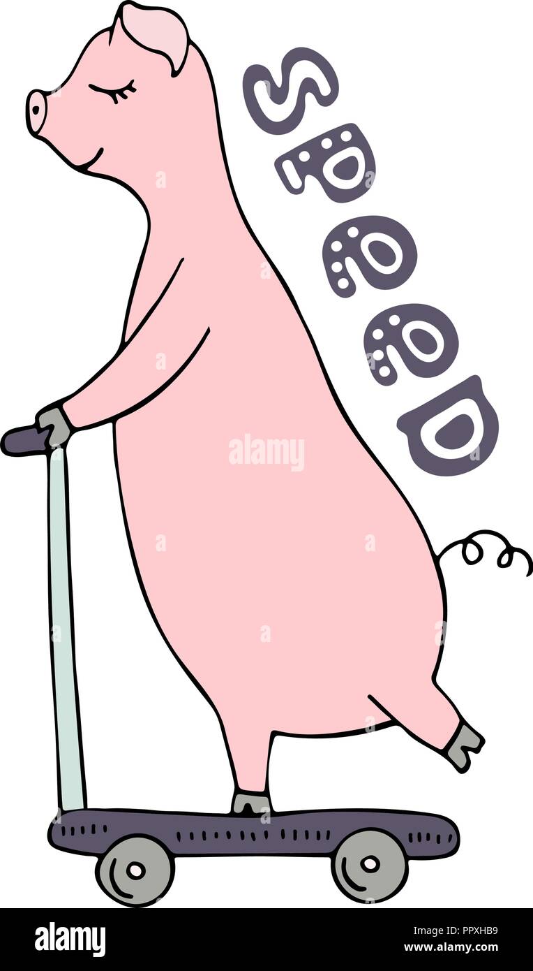 Vector hand-drawn illustration of an pig riding on a scooter. Stock Vector