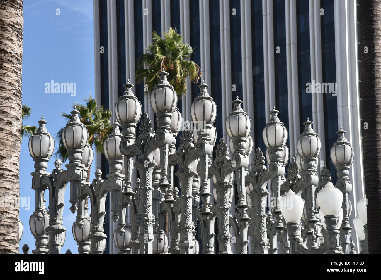 Closeup of the lamps at the top of the iconic Urban Light Sculpture in