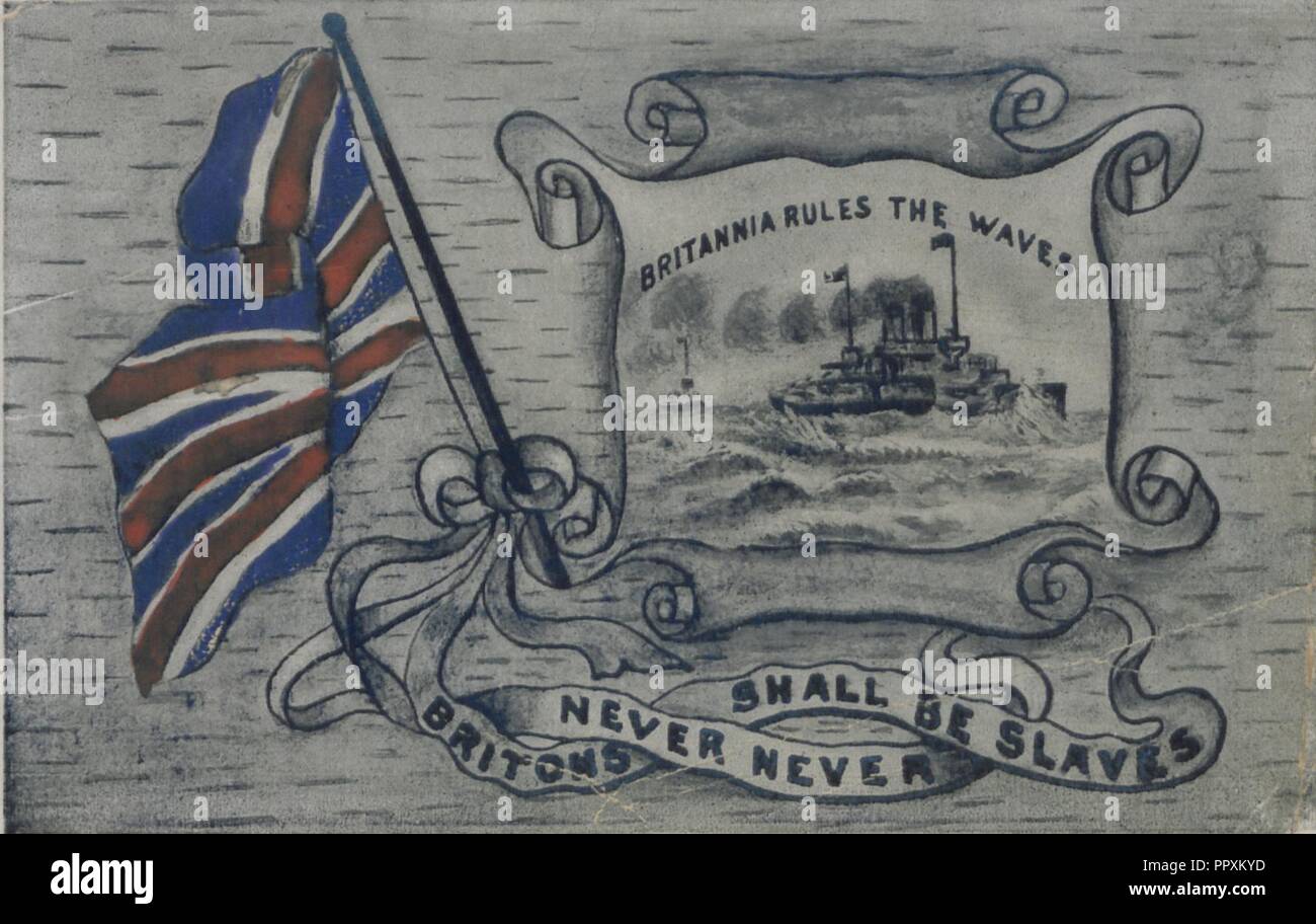 Britannia rules the waves With design of birch bark scene, flag and motto (HS851029331 Stock