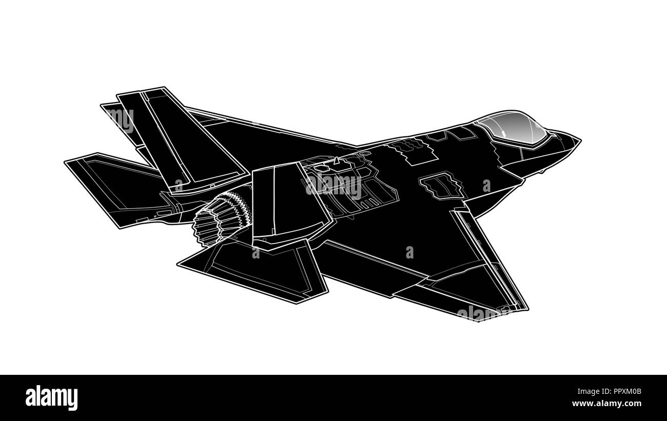 Landing of the newest american jet fighter aircraft. Technichal draw. Isolated on white background. Stock Vector