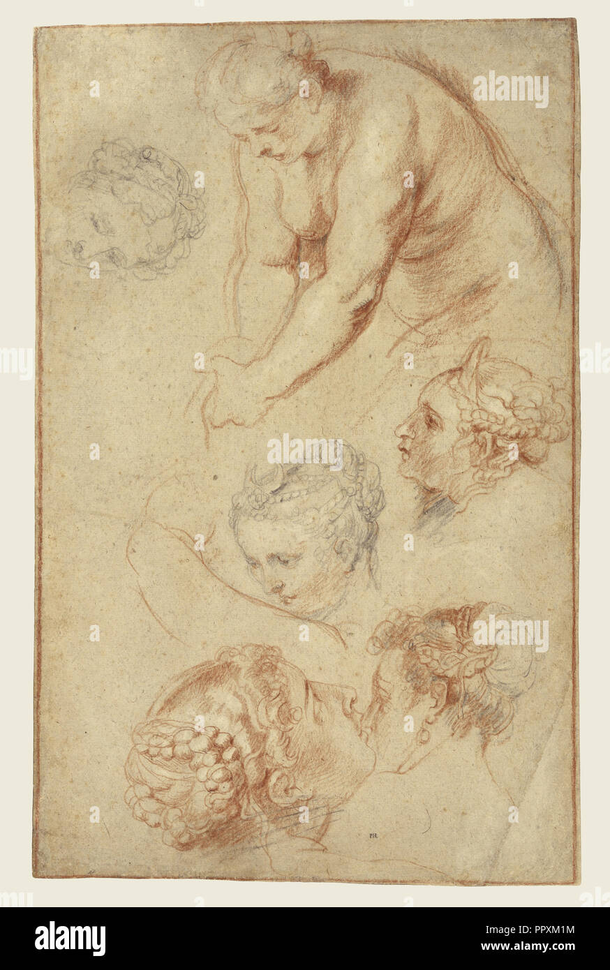 Studies of Women; Peter Paul Rubens, Flemish, 1577 - 1640, 1628; Black, red, and white chalk, lower right corner replaced Stock Photo