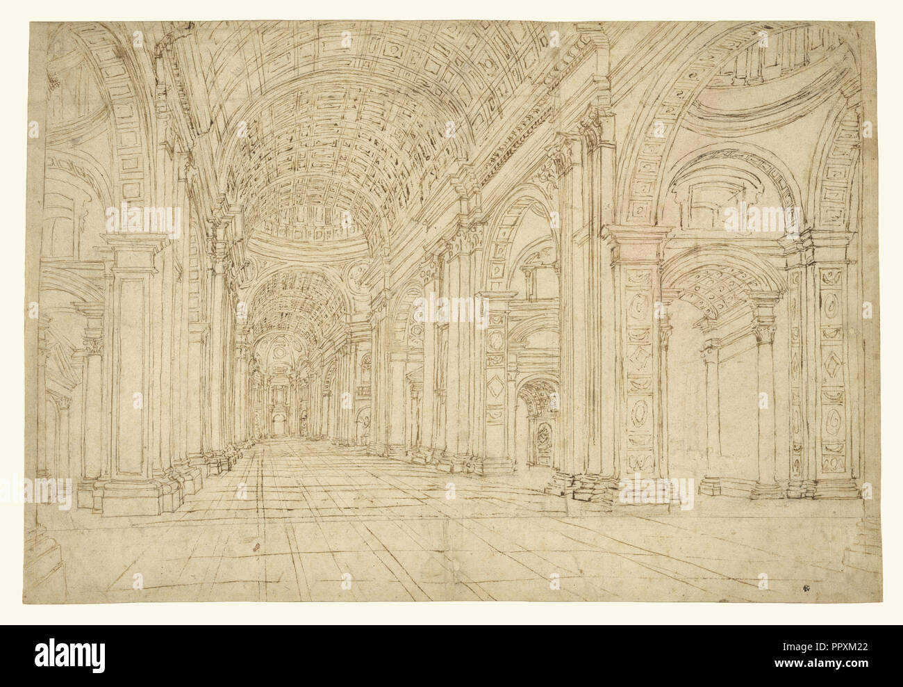 Interior of Saint Peter's Basilica; 17th century; Black chalk, pen and brown ink; 28.9 x 42.9 cm, 11 3,8 x 16 7,8 in Stock Photo