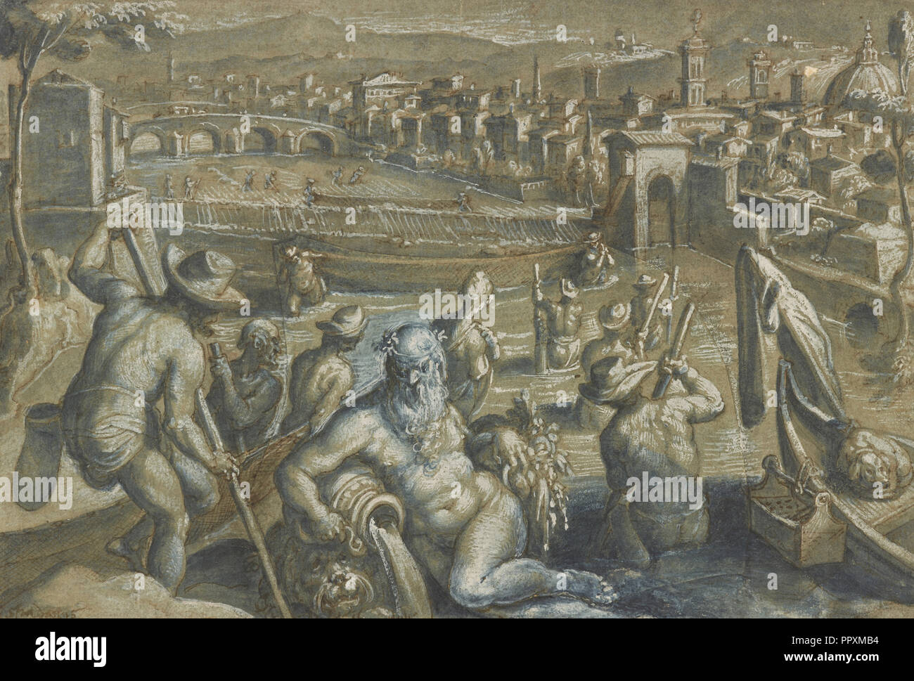 The Arno with Fishermen; Stradanus, Flemish, 1523 - 1605, Netherlands; between 1580 and 1596; Pen and brown ink, brown and blue Stock Photo