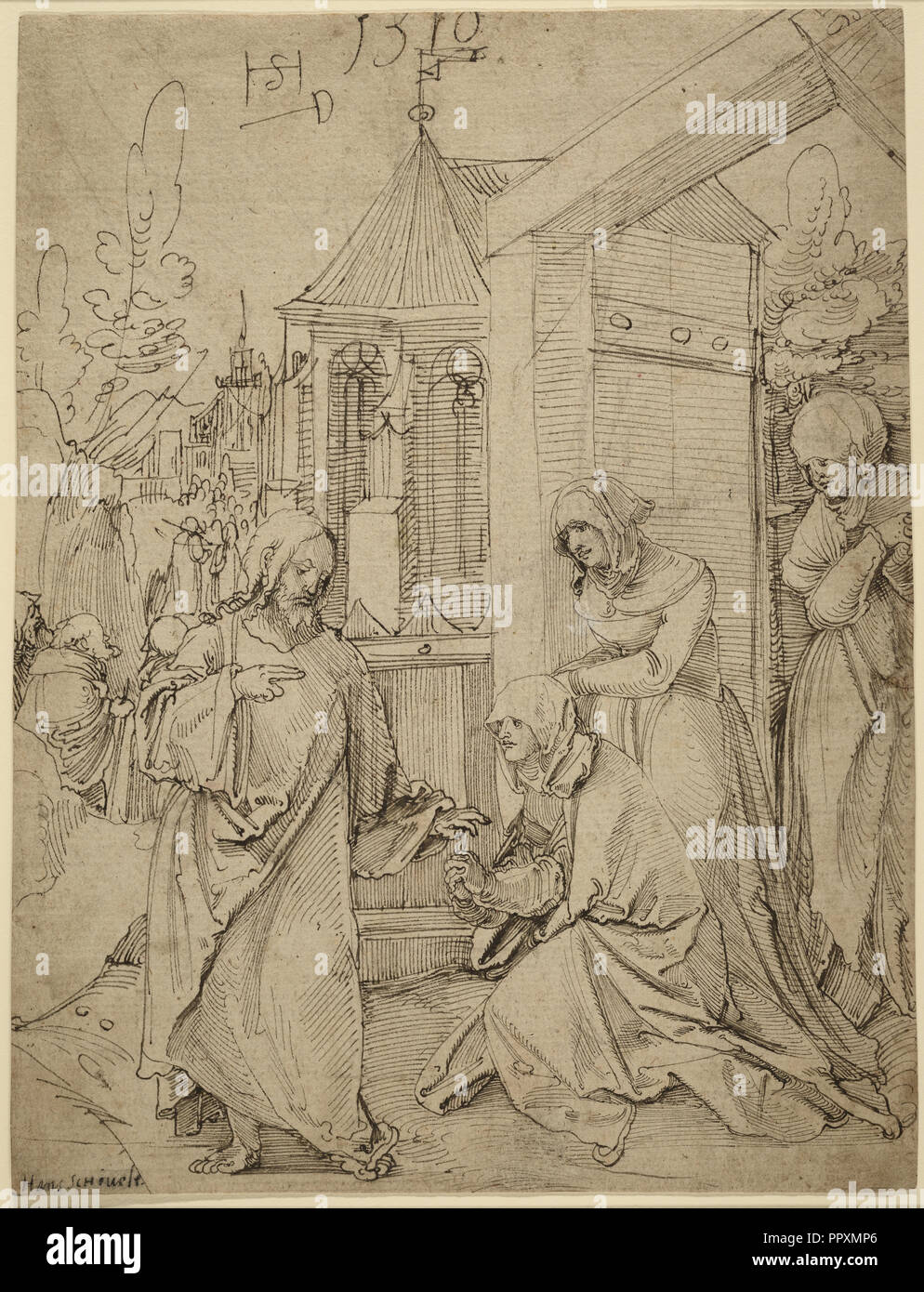 Christ Taking Leave of His Mother; Hans Schäufelein, German, 1480,1485 - 1540, 1510; Pen and brown ink and black chalk Stock Photo