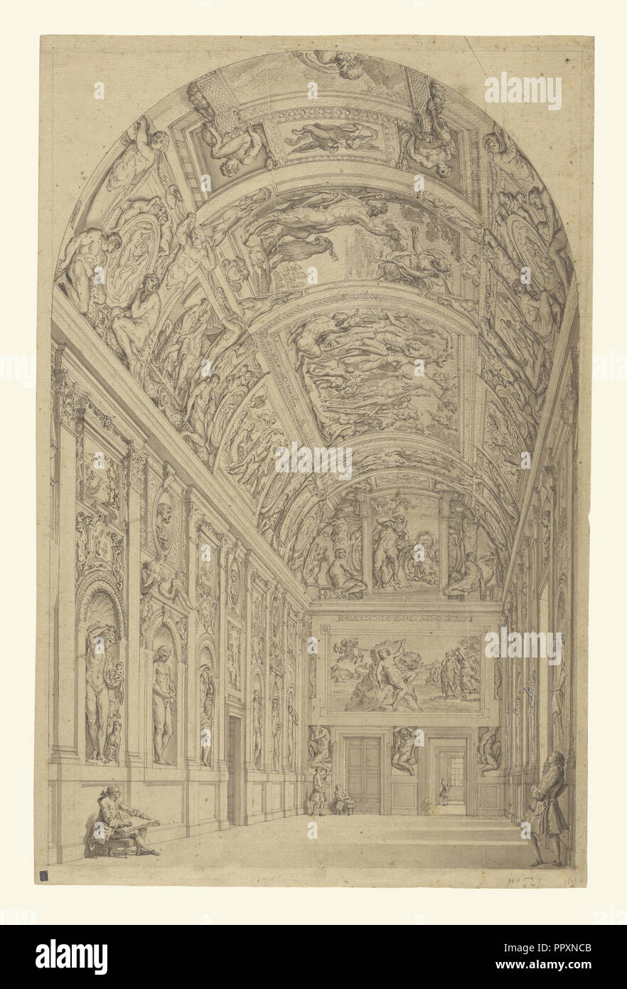 View of the Farnese Gallery, Rome; Francesco Panini, Italian, 1745 - 1812, Italy; about 1775; Pen and black ink and gray wash Stock Photo