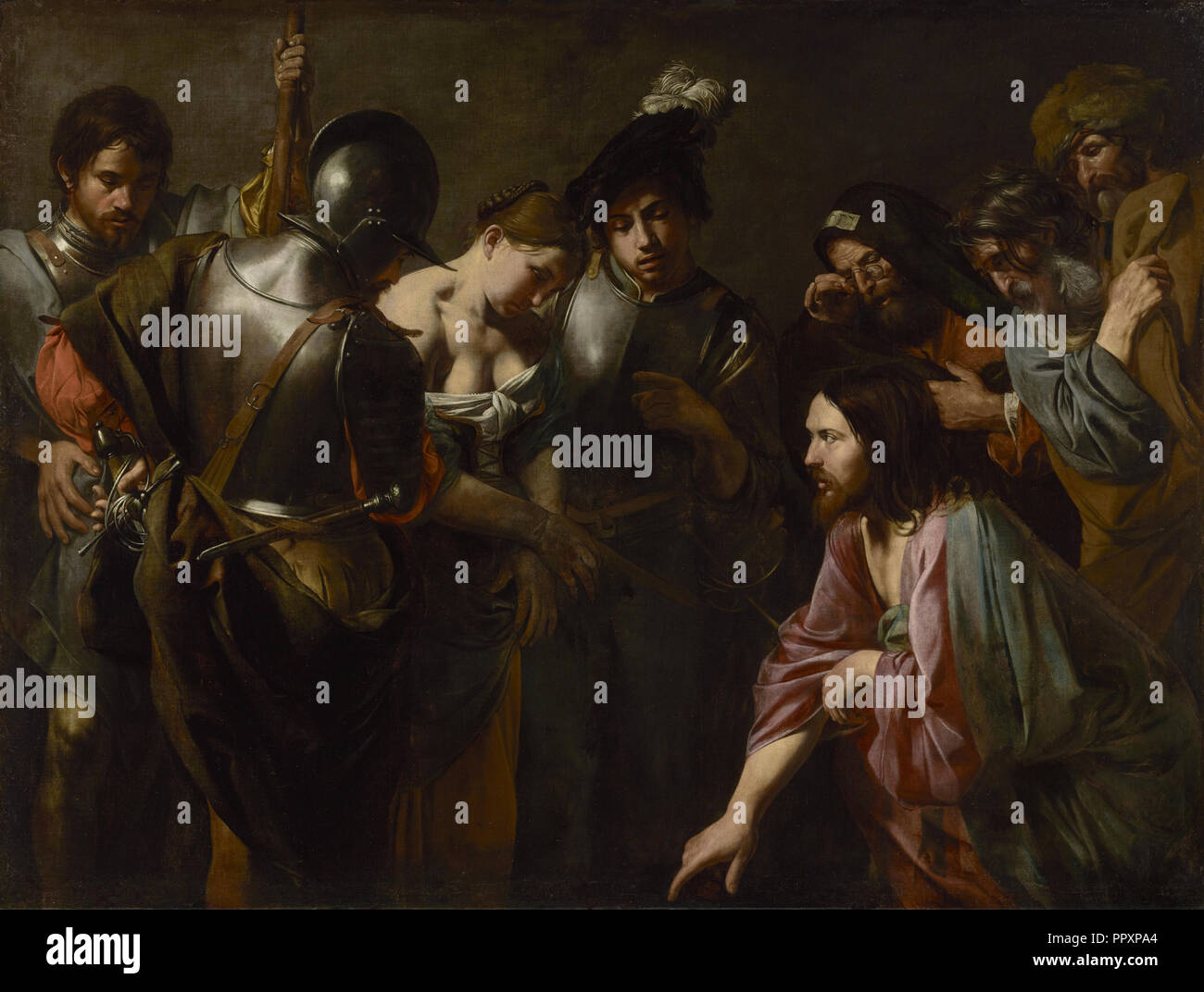 Christ and the Adulteress; Valentin de Boulogne, French, 1591 - 1632, about 1620s; Oil on canvas; 167 × 221.3 cm Stock Photo