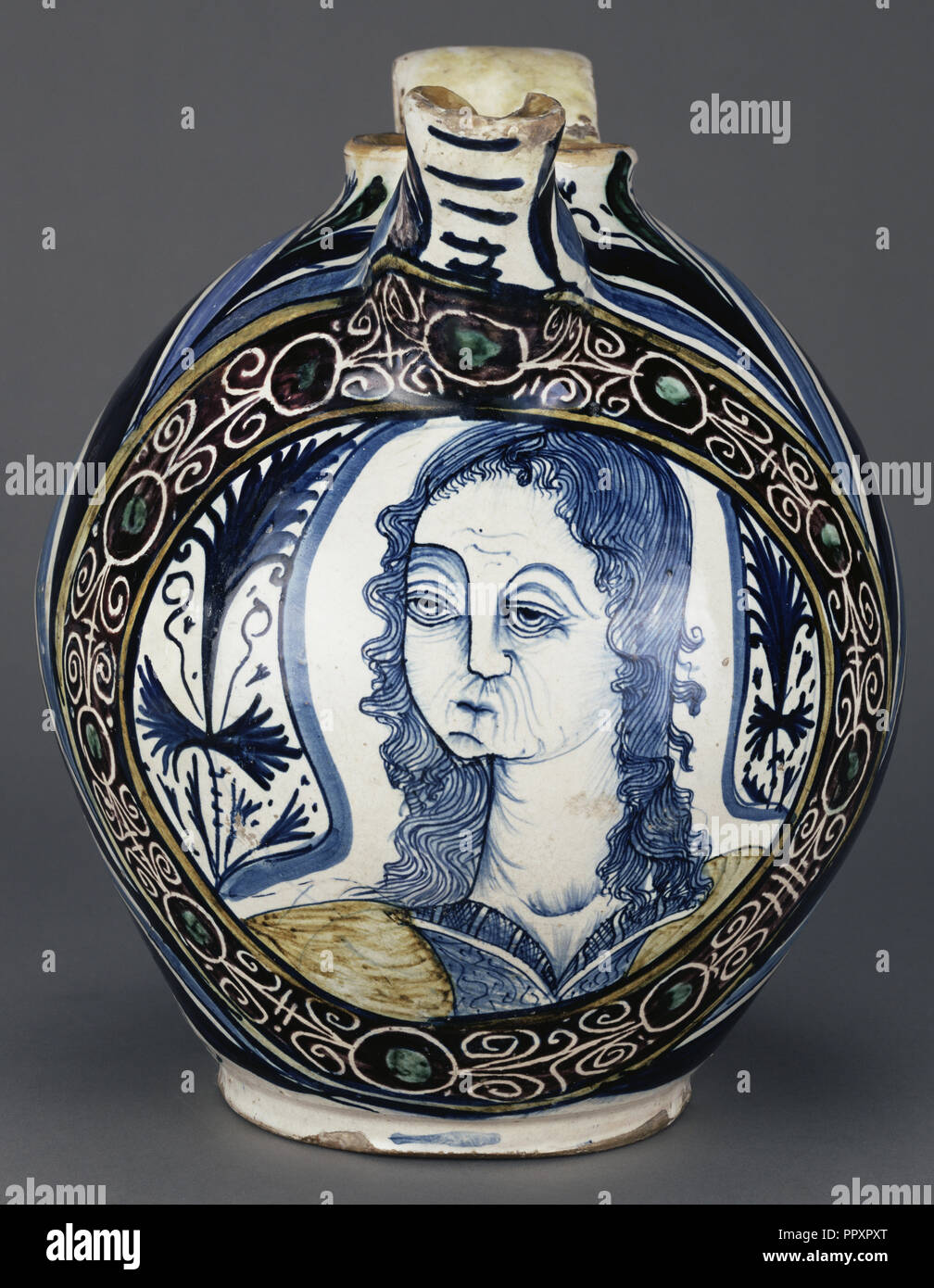 Jug with Medallion Bust, Brocca, Deruta or Montelupo, Italy; about 1460 -  1490; Tin-glazed earthenware; 34.6 x 33 x 9.8 cm Stock Photo - Alamy