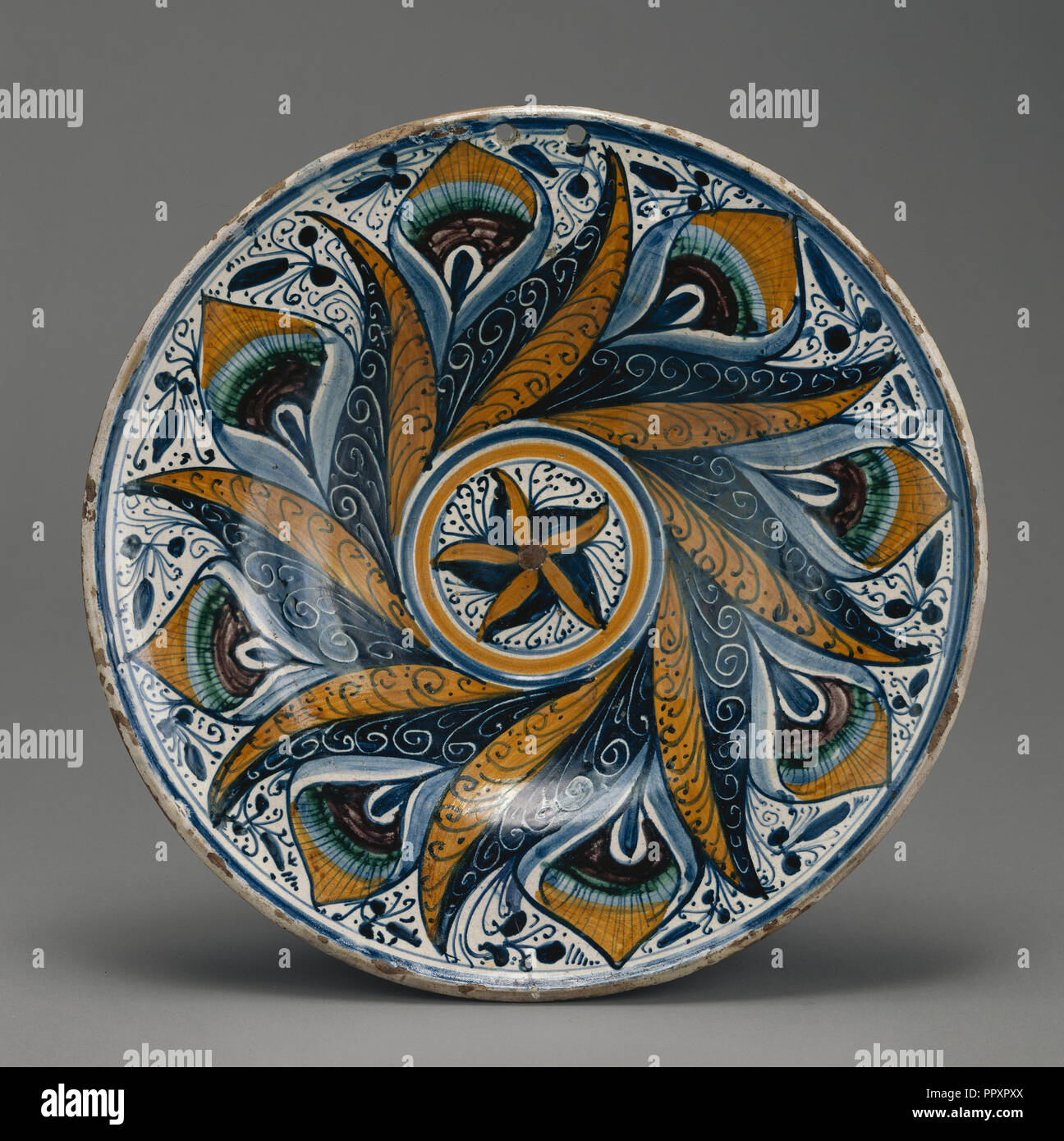 Peacock-Pattern Dish, Piatto, Deruta, probably, Italy; about 1470 - 1500; Tin-glazed earthenware; 6.4 × 39.1 cm Stock Photo