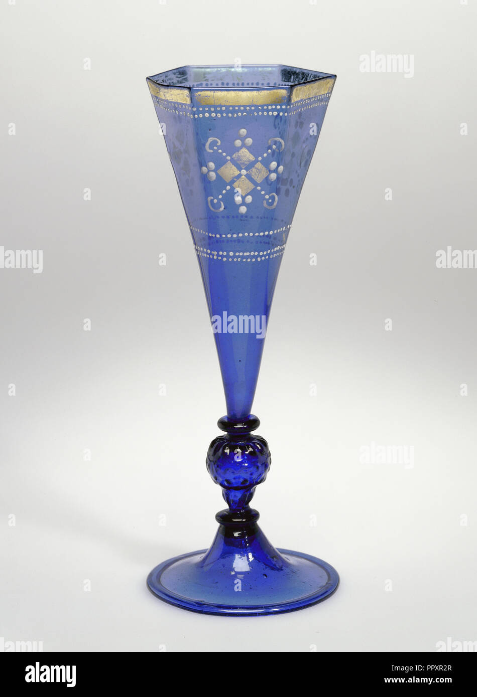 Goblet; Central Germany, Germany; second half of 16th century; Free- and mold-blown light cobalt-blue glass with gold leaf Stock Photo
