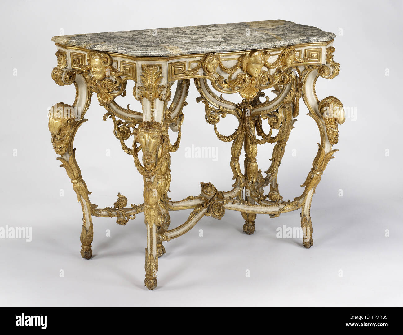 Side Table; Italy; about 1760 - 1770; Carved, painted, and gilded limewood; marble top; 104.9 x 153 x 74 cm Stock Photo