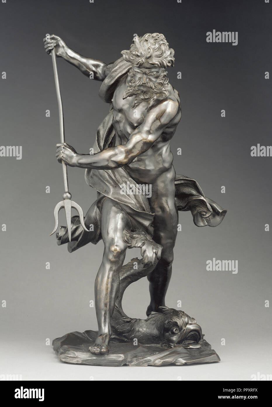 Neptune and Dolphin; After Gian Lorenzo Bernini, Italian, 1598 - 1680, probably 17th century, after 1623, Bronze; 55.9 cm Stock Photo