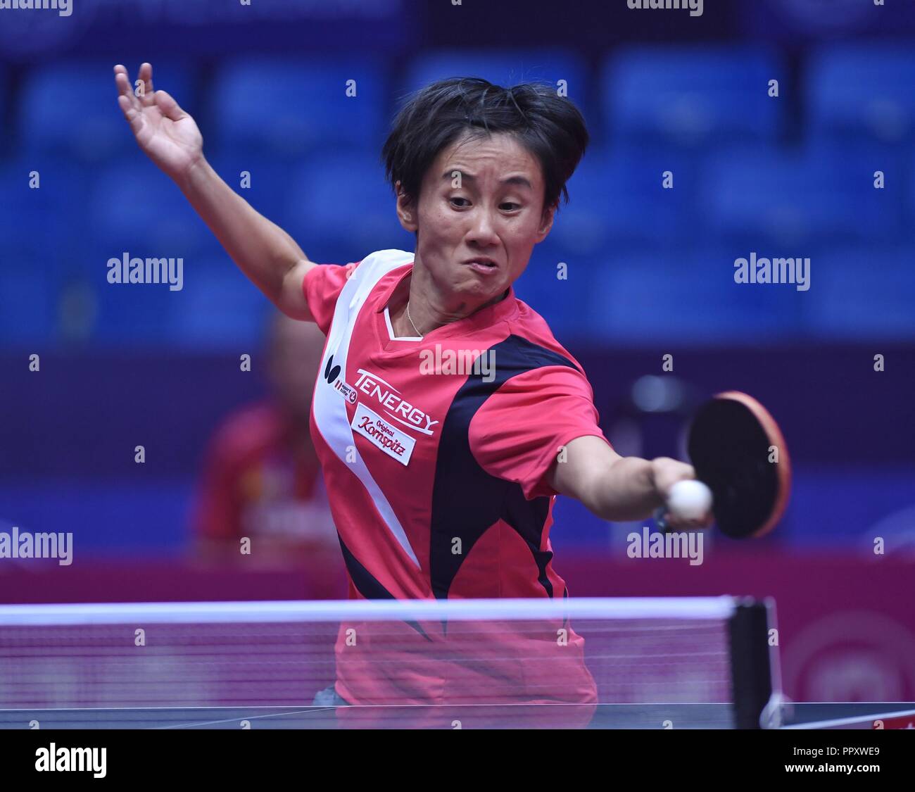 Chengdu China 28th Sep 2018 Liu Jia Of Austria Returns The Ball During The Match Of Women S Singles Against Bernadette Szocs Of Romania At The 2018 Ittf Women S World Cup In Chengdu