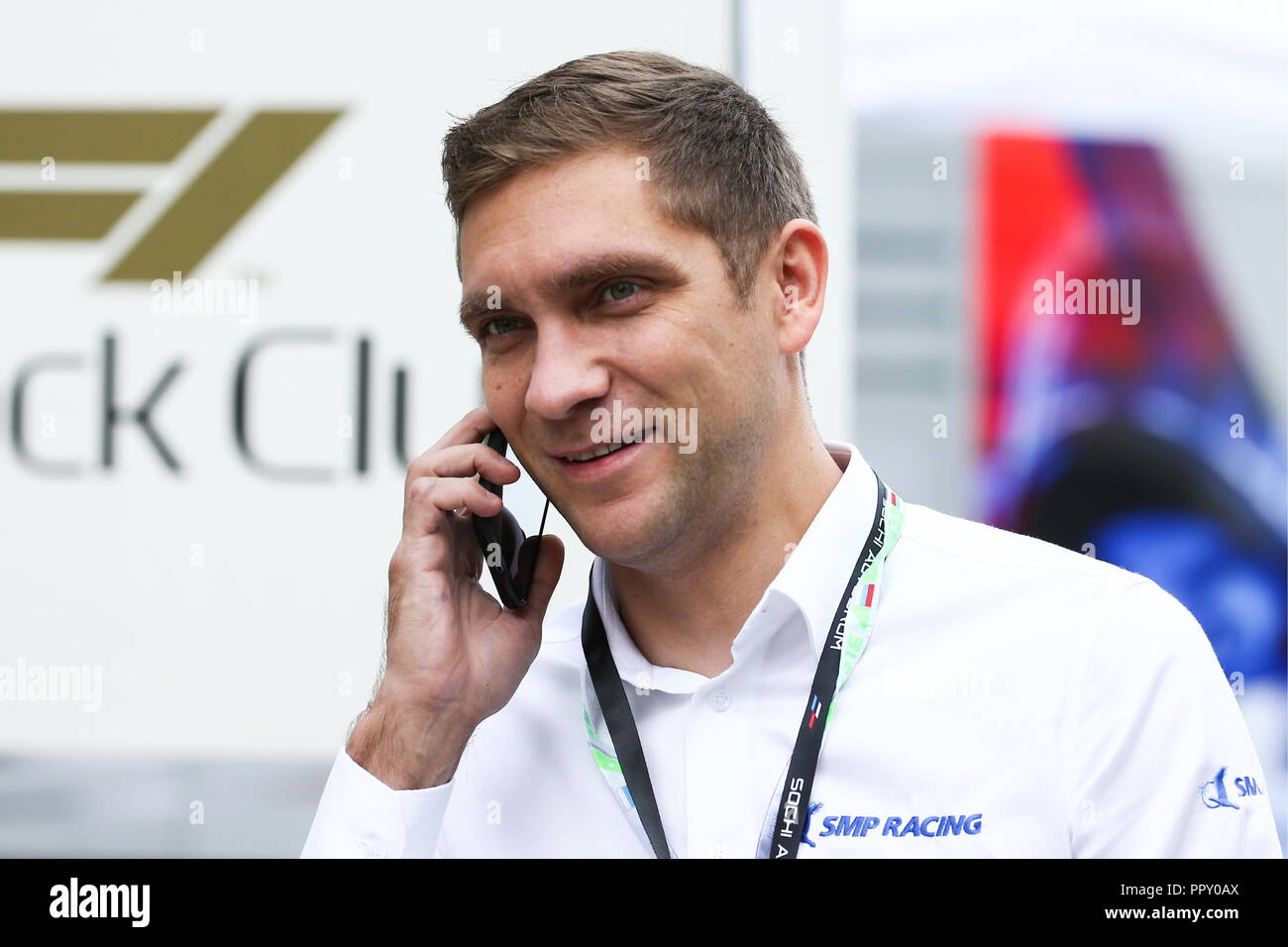 Sochi Russia 28th Sep 18 Sochi Russia September 28 18 Russian F1 Driver Vitaly Petrov Talking On The Phone During A Practice Session Ahead Of The 18 Formula One Russian Grand