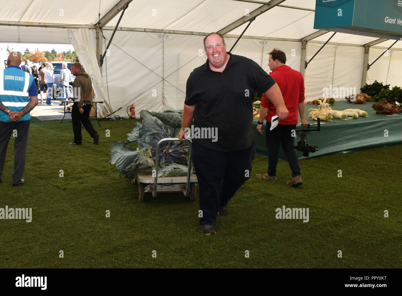 Malvern Three Counties Showground, Worcestershire, UK, 28th September 2018. The Malvern Autumn Show hosts the annual UK National Giant vegetables championship. Tim Saint from Reading here with his red cabbage weighing in at 23.7kg setting the new world record. The previous was 23.2kg Credit: Simon Maycock/Alamy Live News Stock Photo