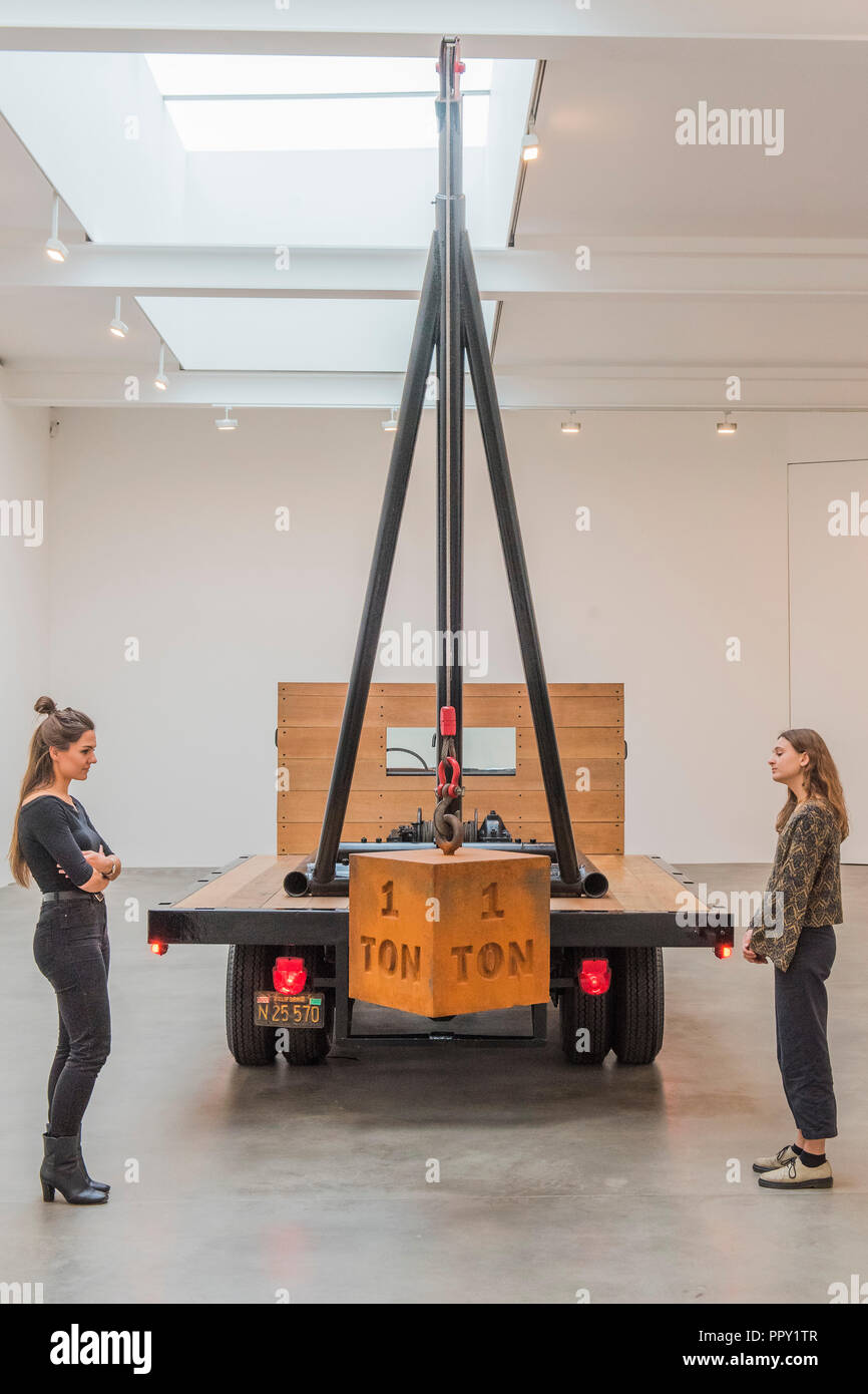 London, UK. 28th Sep 2018. 1 Ton Crane Truck (2009) - Measured, an  exhibition of two large-scale works by Chris Burden at the Gagosian  gallery. A functional 1964 F350 Ford crane-truck is