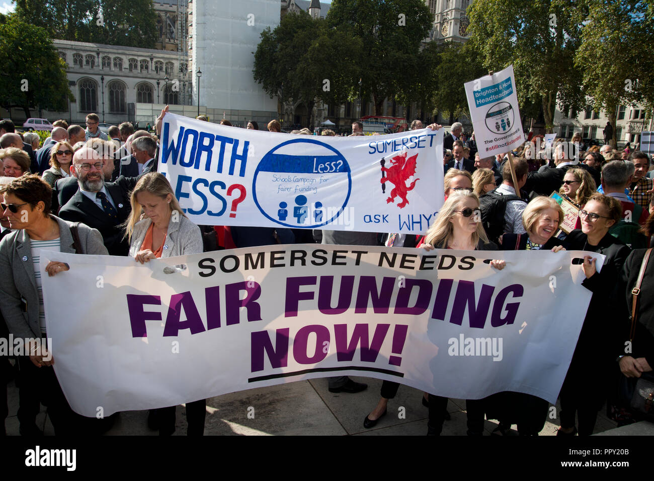Westminster. London, UK. September 28th 2018. Headteachers from all over the country demonstrated in Parliament Square over cuts to state school funding and walked to Downing Street where they handed in a letter to the Chancellor of the Exchequer, Philip Hammond. Credit: Jenny Matthews/Alamy Live News Stock Photo
