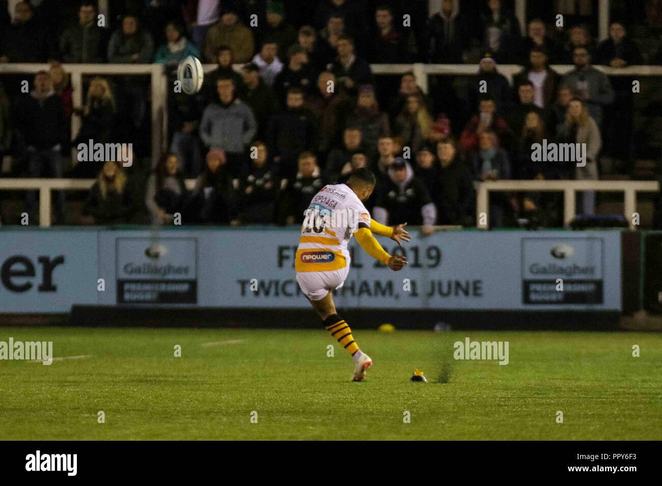 Newcastle, UK. 28th September 2018, Kingston Park, Newcastle,  England; Gallagher Premiership, Newcastle v Wasps ; Toby Flood of Newcastle Falcons kicks following a try  Credit: Dan Cooke/News Images Credit: News Images /Alamy Live News Stock Photo