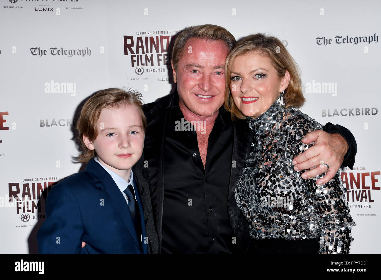 London, UK. 28th September, 2018. Michael Flatley, Niamh O'Brien and son attend Blackbird - World Premiere with Michael Flatley at May Fair Hotel, London, UK. 28th September 2018. Credit: Picture Capital/Alamy Live News Stock Photo