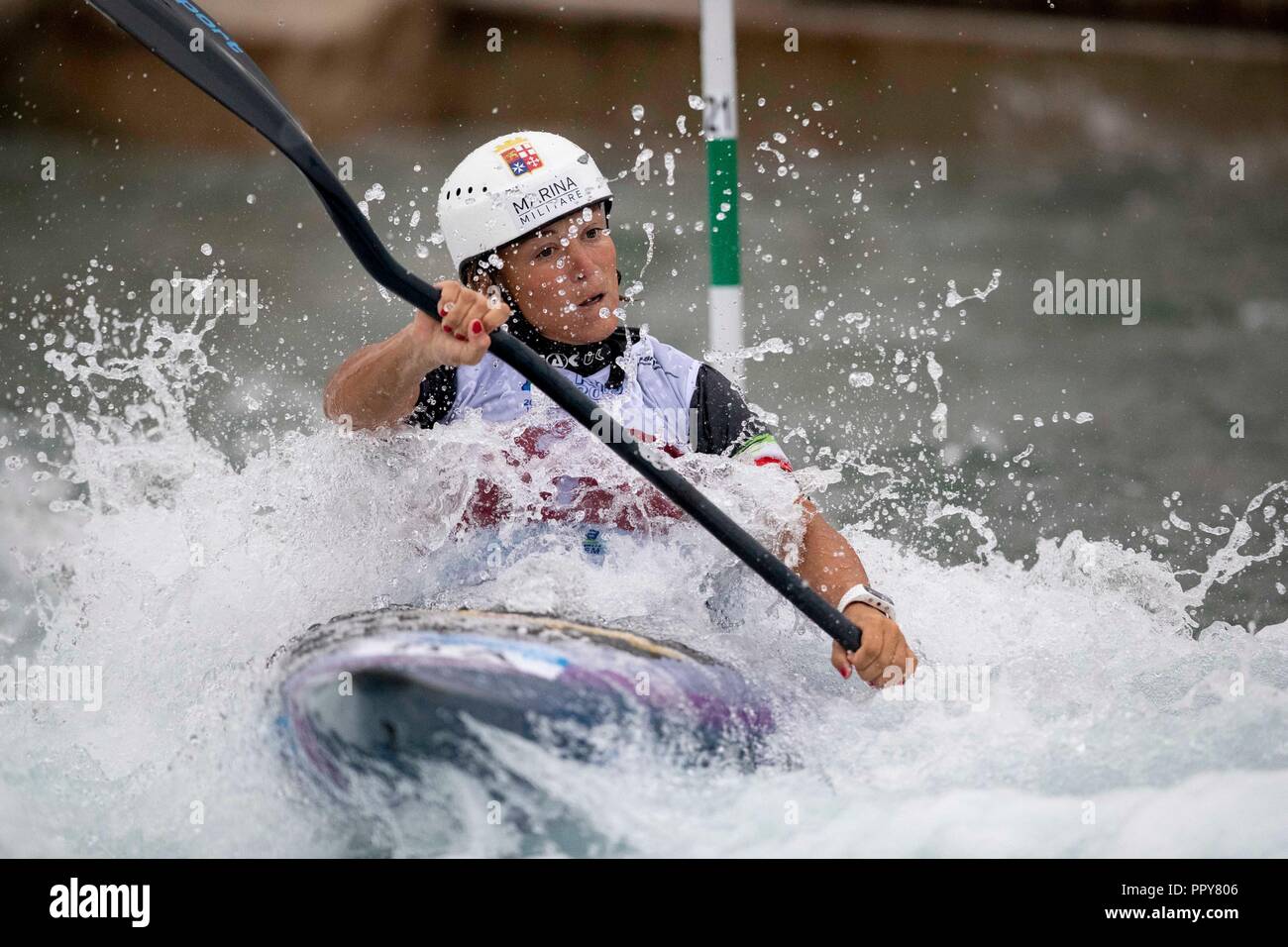 Rio De Janeiro, Brazil. 28th Sep, 2018. Stefanie Horn of Italy competes during the women's Kayak (K1) semifinal during the 2018 ICF Canoe Slalom World Championships in Rio de Janeiro, Brazil, on Sept. 28, 2018. Stefanie Horn advanced to the final with 107.85 seconds. Credit: Li Ming/Xinhua/Alamy Live News Stock Photo