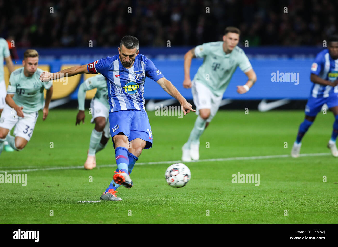 Berlin Germany 28th Sep 2018 Hertha S Vedad Ibisevic Front L Shoots A Penalty Kick During A Berlin Germany 28th Sep 2018 Hertha S Vedad Ibisevic Front L Shoots A Penalty Kick During A