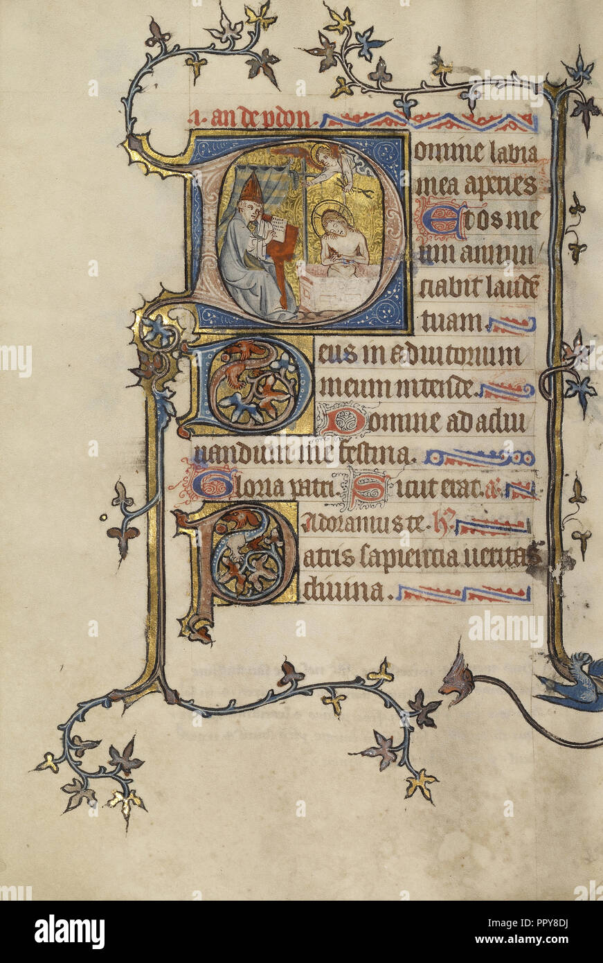 Initial D: Pope John XXII(?, Writing before the Man of Sorrows; Atelier of the Passion Master; Northeastern, illuminated Stock Photo