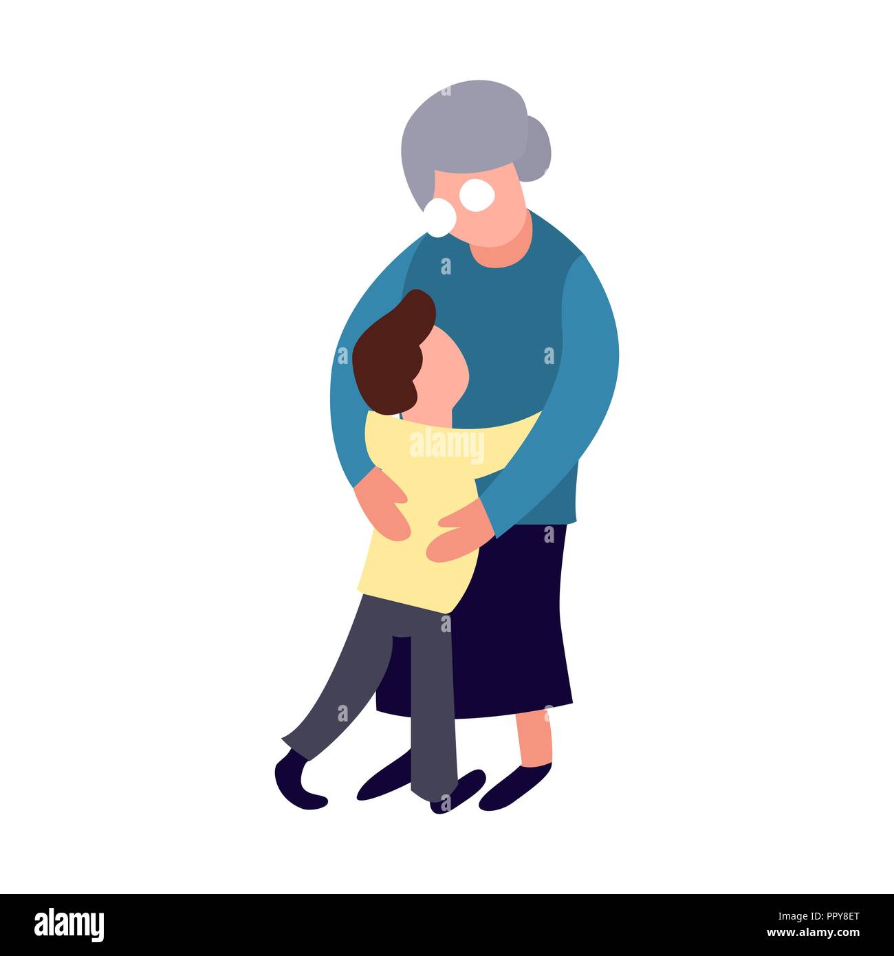 Grandmother and grandson hug. Cartoon flat old women and little boy form. Happy family concept. Senior person lifestyle Stock Vector
