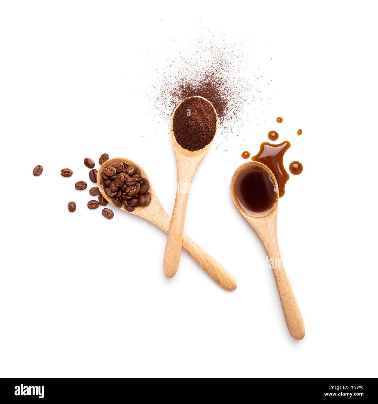 Coffee beans, ground coffee and black coffee over white background Stock Photo