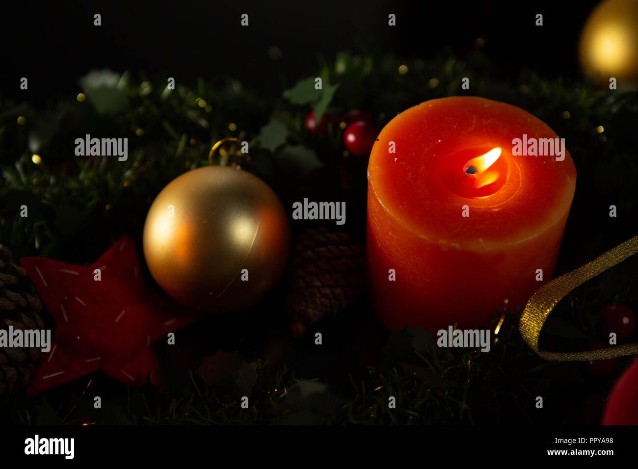 Christmas red circle candles with gold ball Stock Photo