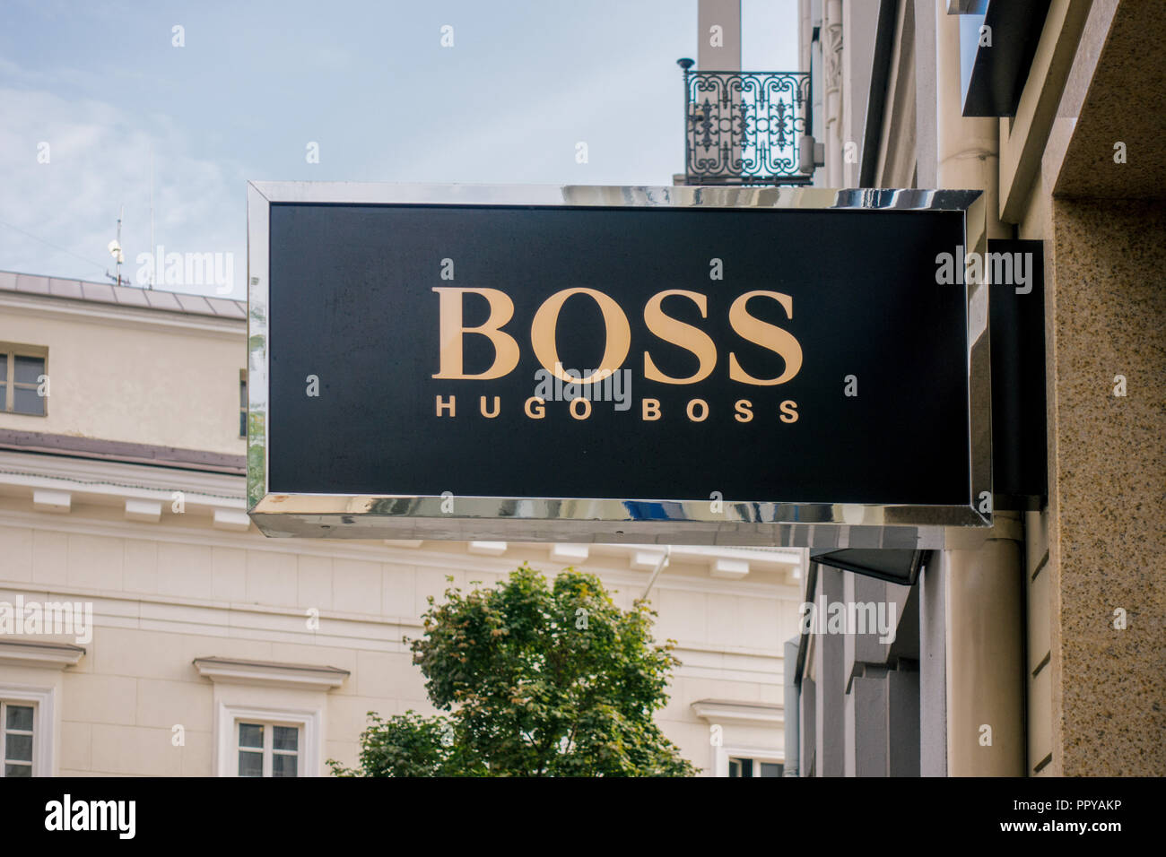 Hugo Boss store signboard. Hugo Boss focuses on developing and marketing of  premium fashion and accessories for men and women Stock Photo - Alamy