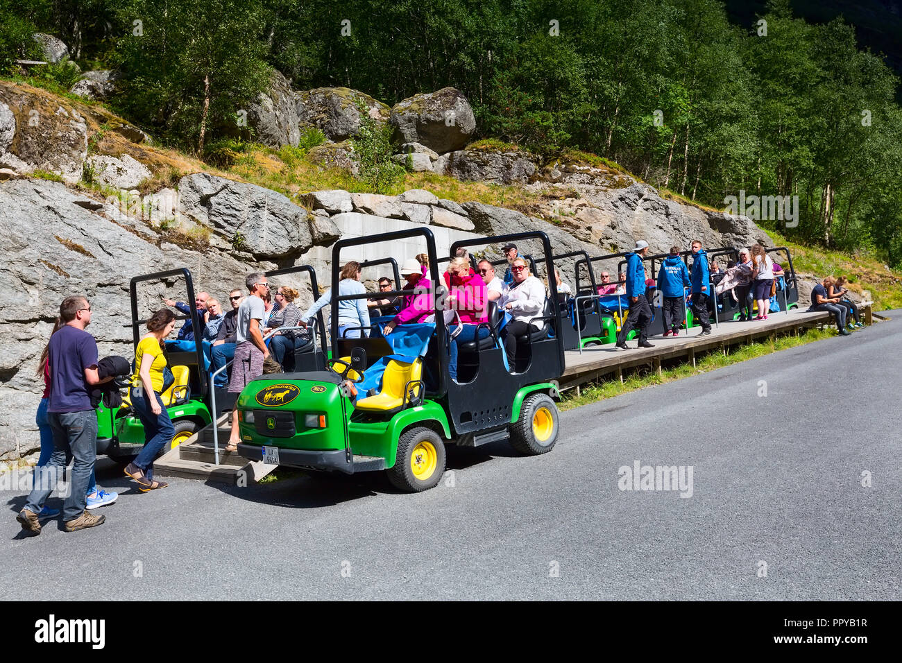 Olden, Norway - August 1, 2018: Troll cars, people on the way to Briksdal  or Briksdalsbreen glacier in Olden, Norway Stock Photo - Alamy